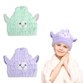 Unaone 2 PCS Hair Drying Towel for Kids Girls, Microfiber Hair Towel Wrap Quick Dry Hair Turbans for Curly Long Thick Hair (Purple and Green)