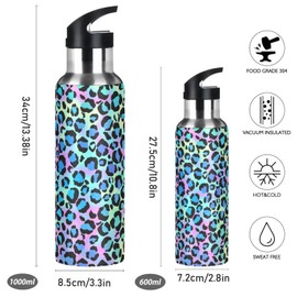 Moudou Leopard Water Bottle with Straw Lid, 33oz Leakproof Double Wall Vacuum Insulated Stainless Steel Water Bottle for Sports, Gym, Hiking, School
