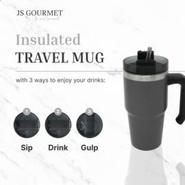 JS Gourmet Grey Stainless Steel 20 oz Tumbler with PP Comfortable Handle, Spinning Cover Lid and Straw, Double Wall Insulated Vaccum Travel Water Cup for Hot and Cold Beverages