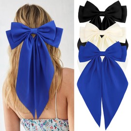 Velscrun Hair Accessories: 3Pcs Silky Satin Oversized Hair Bows and Barrettes in White, Black, and Dark Blue - Large Ribbons with Long Tails for Women and Girls