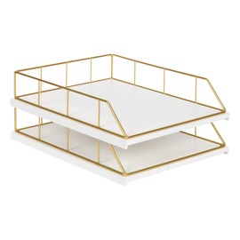 Kate and Laurel Benbrook Stacked Metal and Wood Letter Trays, White and Gold