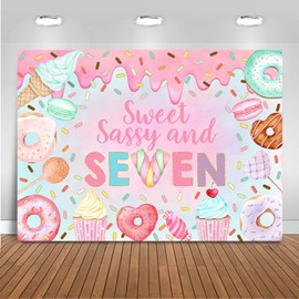 Mocsicka Donut 7th Birthday Backdrop Sweet Sassy and Seven for Girl Birthday Party Decorations Banner Seven Years Old Birthday Photography Background Photo Booth Studio Props (7x5ft(82''x60''), Pink)