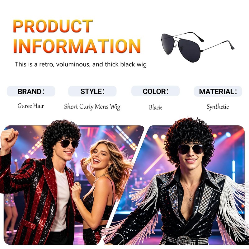 Gruee Hair Black Curly Wig + Glasses for Men Disco