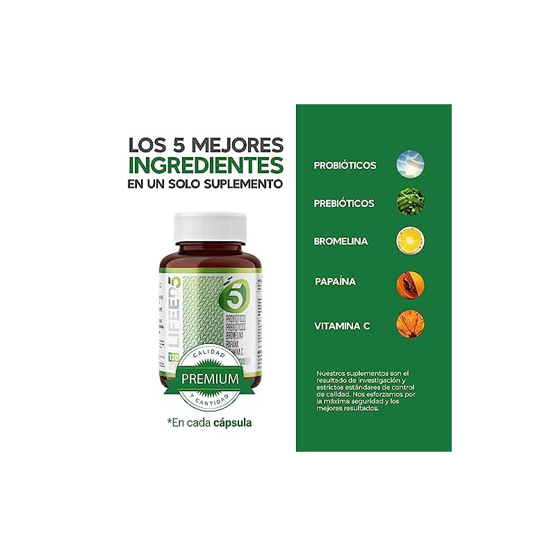 LIFEED5 Enzimas Digestivas, Probióticos y Prebióticos 120 cápsulas