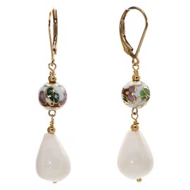 White Cloisonne and White Agate Teardrop Earrings with 14k Gold Plated Leverback Ear Wires