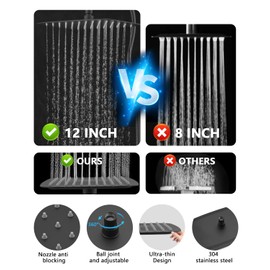 PDPBATH Rainfall Shower Head with Handheld Spray Combo, All Metal 12 Inch High Pressure Rain Showerhead with 16" Adjustable Curved Arm Build-in 3-way Diverter, Matte Black