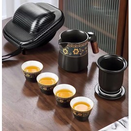 Kung Fu Tea Set, Japanese Tea Set, Porcelain Tea Set, Complete Tea Set, 4 Tea Cups, Portable Adult Tea Set, Ladies Men Tea Lovers(Black)