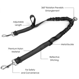 Petmotion Hands-Free Double Dog Lead with Waist Belt, Bungee Splitter Leash & Storage Pouch, Padded Handles, Reflective No-Pull Design for Running, Walking & Jogging, for Medium & Large Dogs (green)