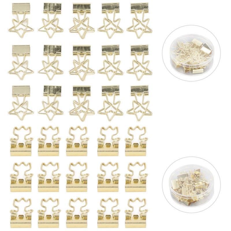 30pcs Gold Binder Clips Flower Shape Pentagonal Heart Shape Electroplating