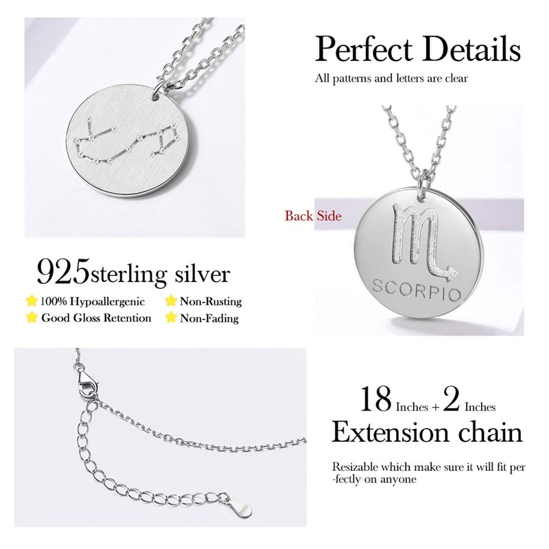 Constellation Necklace Pendant 925 Sterling Silver Round Disc Astrology Horoscope