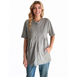 RAGEMALL Post Mastectomy Shirts with Drain Pockets Surgery Recovery Must Haves Clothing Comfy Front Zip Up Short Sleeve Tops Grey S
