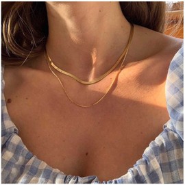Yheakne Layered Round Snake Necklace Choker Gold Herribone Chain Choker Necklace Punk Flat Chain Necklace Vintage Minimalist Necklace Chain Jewelry for Women and Girls (Flat Chain)