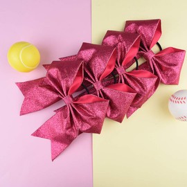 DEEKA 12 PCS 7" Large Glitter Cheer Bows Shiny Cheer Hair Bows Ponytail Holder Handmade for Cheerleader Girls Softball Sports -Pink