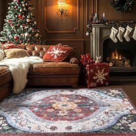 Washable Entryway Rug 3x5 Low Pile Vintage Area Rug for Bedroom Dining Room Under Table Soft Stain Resistant Rug, Indoor Home Office Print Foldable Carpet(Red/Orange,3x5ft)