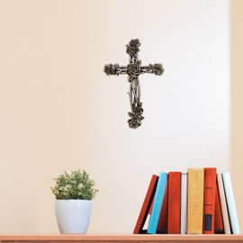 AMAJY Rustic Vintage Style Resin Silver Tone Rose and Thorn Cross Spiritual Wall Art Decor
