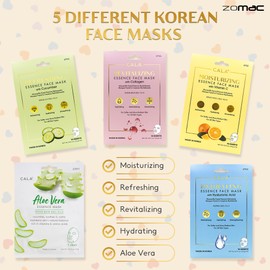 Zomac Facial Gift Set - 6 Items - Incldues Cala Collagen, Cucumber, Aloe Vera, Vitamin C, and Hyaluronic Acid Face Masks. Includes Gift Bag and Custom Shower Cap, Korean Face Sheet Variety Set