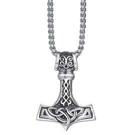 Hisatan Thor Hammer Nordic Viking Necklace Pendant for Men Women, Mjolnir Thors Hammer Celtic Necklace Stainless Steel Vintage Chain Jewelry Gift for Dad Son Husband Boyfriend Brother Grandson