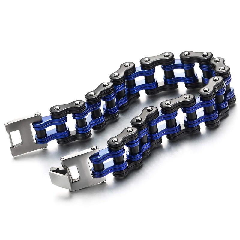 Men Motorcycle Bike Chain Bracelet of Stainless Steel Black Blue