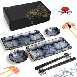 8 Piece Japanese Style Ceramic Sushi Plate Set 10-inch rectangle sushi dishes- 2 Sushi Plates, 2 Sauce Dishes, 2 Pairs of Chopsticks, 2 Chopsticks Holders