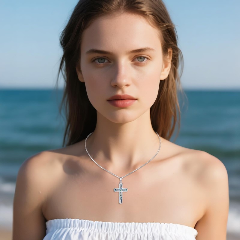 SHEAISRS Tree of Life Cross Necklace 925 Sterling Silver Abalone