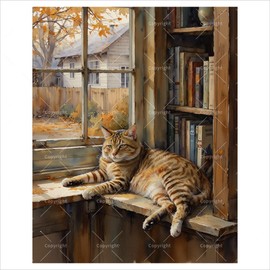 Cozy Cat Paint by Numbers Kit for Adults - DIY Tabby Cat on Window Seat Painting on Canvas 16x20In, Frameless Acrylic Paint Set, Suitable for Beginners, Art for Library or Book Lover Gifts