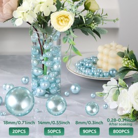 EGKamh 160 Pcs Floating Beads Pearls and 800 Pcs Clear Water Gel Beads, Pearls Decor Vase Filler Beads, Floating Beads for Centerpieces Vases Party Table Wedding (Light Blue,8/14/18mm)