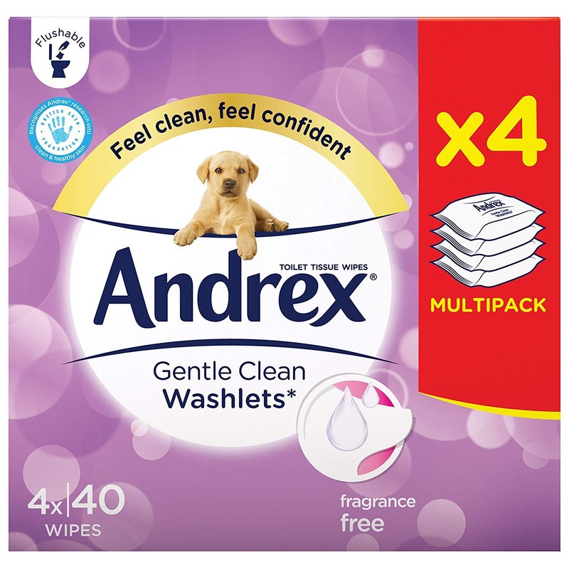 Andrex Gentle Clean Flushable Washlets, Fragrance Free, 4 Packs