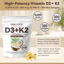 Megacephalus Real Good Essentials Vitamin D3 K2, Essentials D3+K2 (MK7) Coconut Oil 300 Softgels, with Vitamins D & K (1)