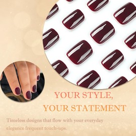 24PCS Short Square Press On Nails with Accessory Tool – Brownish Red False Nails Full Cover – Elegant Acrylic Stick On Tips 12 Sizes Easy to Apply Fake Kit for Women Lasts 1–3 Weeks