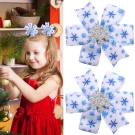 WRBAJIS Snowflake Bow Hair Clips Glitter Christmas Hair Barrettes Grosgrain Ribbon Hair Bows Hair Accessories for Women Girls Christmas Party Supplies 2Pcs White