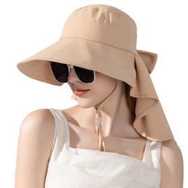 Harlang Sun Hats for Women Foldable Wide Birm Boonie Hat Adjustable UV Protection Fishing Hiking Hat with Windproof Tether Khaki
