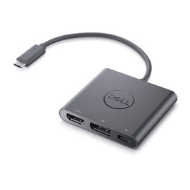Dell flacher 3-in-1 USB-C Adapter, mit Stromdurchführung (USB-C-an-HDMI an Display Port, HDMI - weiblich, USB - weiblich, USB-C - männlich, USB-C (nur Spannung) - weiblich, 4K Unterstützung) Schwarz