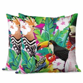 Beabes Pillow Covers Tropical Toucan Parrot Bird Green Palm Leaves with White Hibiscus Flowers 2 Sets,Decorative Throw Pillow Covers 18X18 Inch Soft Cushion Covers for Home Couch Living