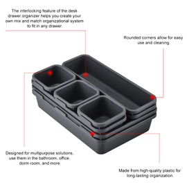 22PCS Interlocking Desk Drawer Organiser Separator Make Up Drawer Organiser Tray 3 Sizes Plastic Drawer Dividers Tidy for Office, Bathroom, Kitchen, Makeup, Stationery with 80 Non-slip Silicon Pads