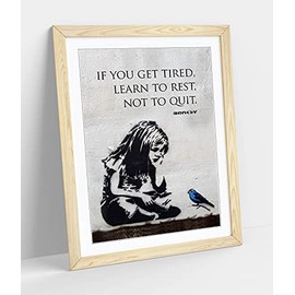 CanvasArtShop BANKSY BLUE BIRD GIRL QUOTE PORTRAIT- PREMIUM WALL ART FRAMED PICTURE PRINTS - 3 COLOURS - 4 SIZES (OAK, A4)