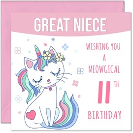 11th Great Niece Birthday Card - Meowgical Funny Cat Birthday Card for 11 Year old Kids eleven, eleventh