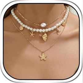 YUEXNKO Boho Pearls Layered Necklace, Shell Necklace for Women, Seashell Necklace, Boho Starfish Necklace, Metal, No Gemstone
