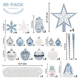 SY Super Bang Christmas Ornaments Set, 90PCS Shatterproof Christmas Hanging Ornaments for Xmas Tree Decorations, for Indoor Holiday Party Thankgivings Christmas Decor - Baby Blue.