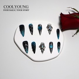 COOLYOUNG Medium Press On Nails, Black Nails, Vast Universe, Gothic Press On Nails, Clip On Nails, 10 Pieces Gel Press On Nails with 1 Girl Gift Box,1 Storage Bag and Gel Nail Kit