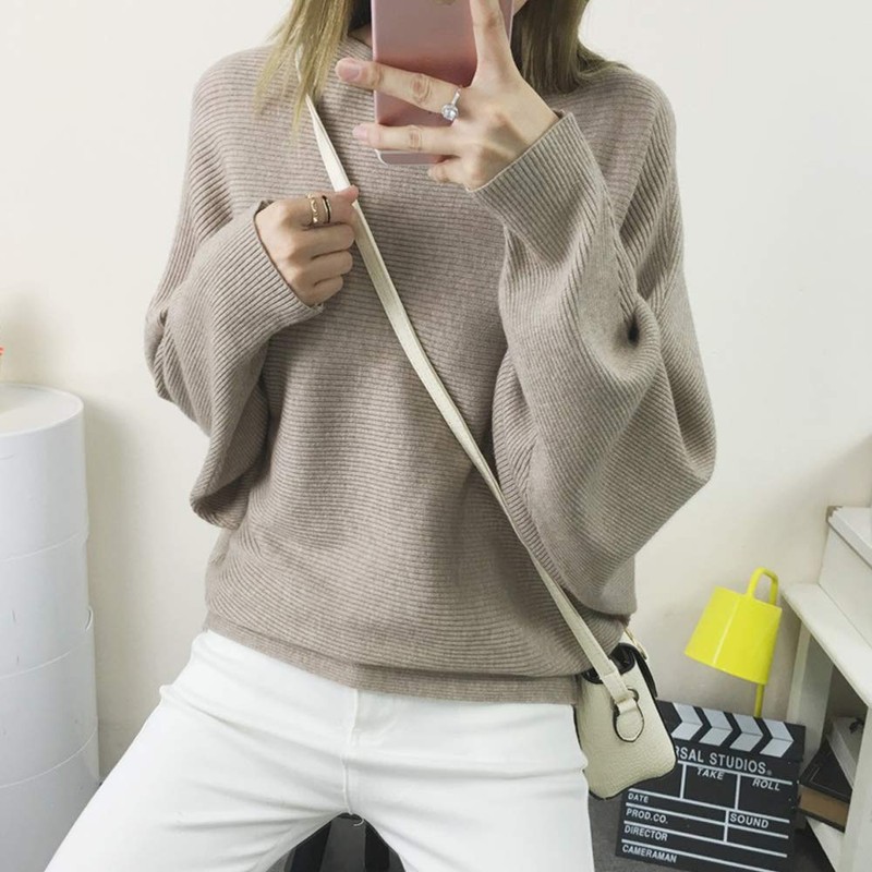 Women's Sweater Off Shoulder Batwing Sleeve Loose Pullover Solid Sweater