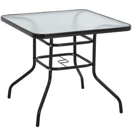 Hudada Outdoor Patio Table with Umbrella Hole Bistro Table Metal Steel Frame Square Table with Tempered Glass Top, Conversation Coffee Table, All-Weather Furniture for Commercial Party Event,Black