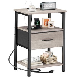 Vagusicc Nightstand with Charging Station, Side Table with Adjustable Drawer, End Table with 3 Tier Storage Shelf for Living Room, Tall Bedside Table, Rustic Small Night Stand for Bedroom, Grey