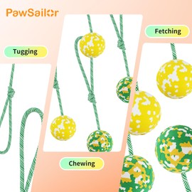 PawSailor Dog Toy Ball on Rope, Aggressive Chewers Heavy Duty Ball - Nature Bamboo Fiber & Rubber, Chew/Tug/Fetch - Training, Reward and Exercise Toy -Small Medium Breeds Yellow M