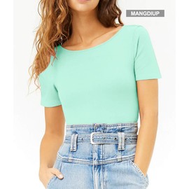 MANGDIUP Bodysuit for women Round Collar Crew Neck Round Neck Short Sleeve Bodysuits Jumpsuits(7010 Mint Green-XXL)