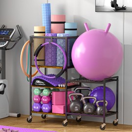 5 Tier Dumbbell Rack, Yoga Mat Storage Rack, Home Gym Storage Rack, Workout Equipment Storage Organizer, Weight Storage Holder Rack with Hooks and Wheels