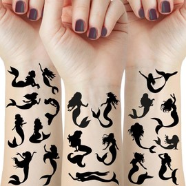 12 Sheets Mermaid Temporary Tattoos - Elegant & Mystical Waterproof Body Art Stickers for Women & Girls - No Needle, Easy Apply & Remove For Parties, Festivals & Fairy Tale Lovers Mermaid Silhouette