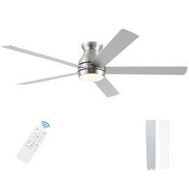 POCHFAN 60 Inch Brushed Nickel Ceiling Fans with Lights and Remote, LED Low Profile Flush Mount Ceiling Fan for Bedroom, Living Room, Quiet DC Motor, Dimmable 6 Speeds