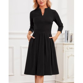 Zattcas Spring Fall Dresses for Women 2025 V Neck 3/4 Sleeve Modest Business Casual Work Professional Office Teacher Outfits Church Pleated Midi Dress with Pockets Black M