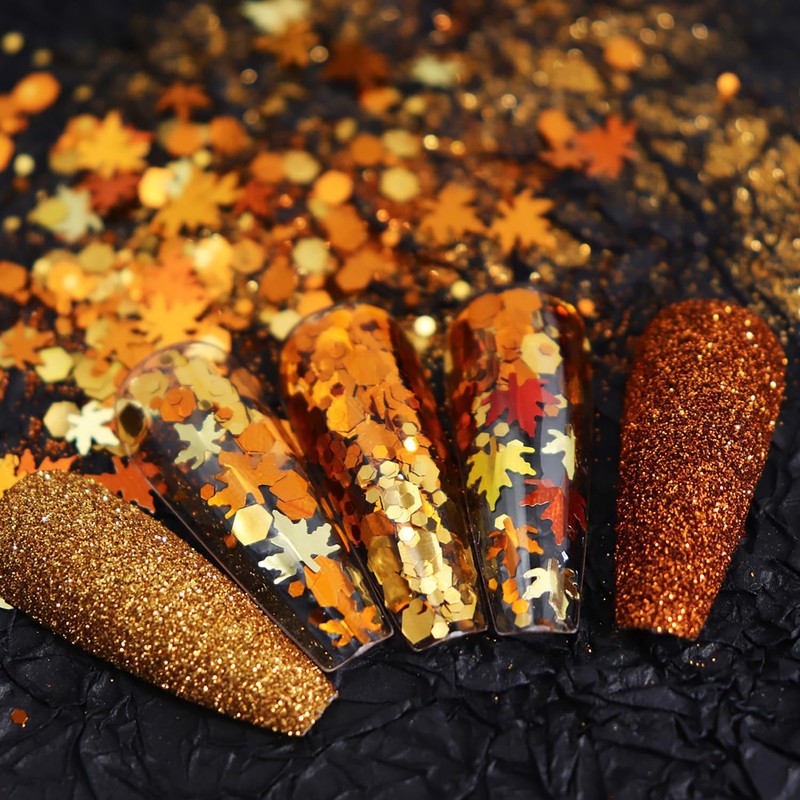 Thanksgiving Maple Leaf Glitter Nails Art Sequins 3D Fall Maple