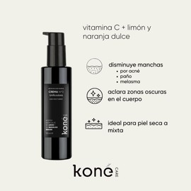Koné Care Crema despigmentante unificadora: Vitamina C, rosa mosqueta, limón y naranja.